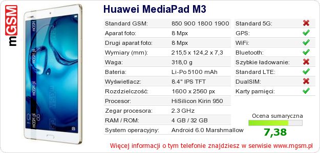 Dane telefonu Huawei MediaPad M3 Dane telefonu Huawei MediaPad M3