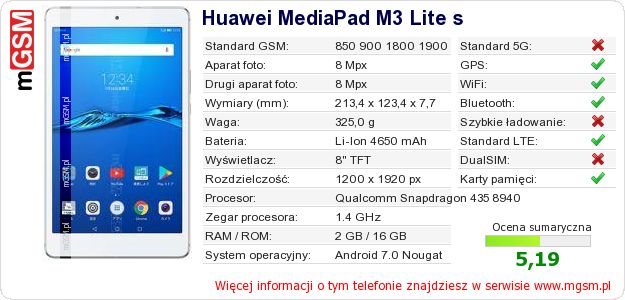 Dane telefonu Huawei MediaPad M3 Lite s