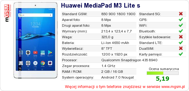 Dane telefonu Huawei MediaPad M3 Lite s