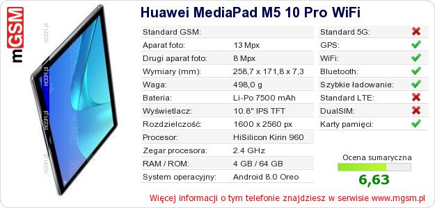 Dane telefonu Huawei MediaPad M5 10 Pro WiFi