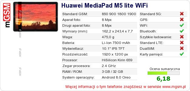 Dane telefonu Huawei MediaPad M5 lite WiFi Dane telefonu Huawei MediaPad M5 lite WiFi