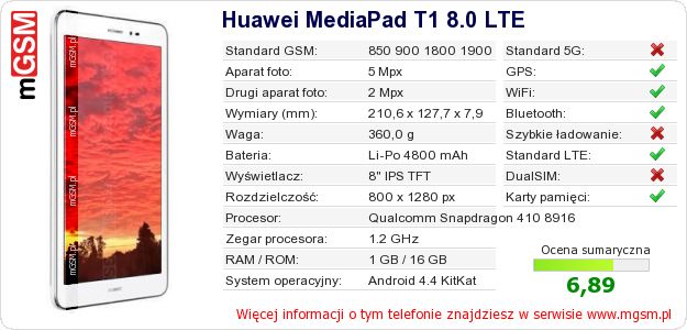 Dane telefonu Huawei MediaPad T1 8.0 LTE Dane telefonu Huawei MediaPad T1 8.0 LTE