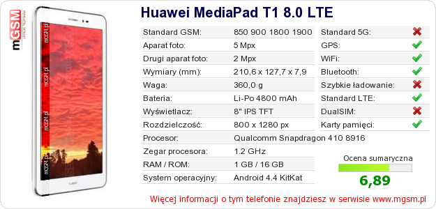 Dane telefonu Huawei MediaPad T1 8.0 LTE Dane telefonu Huawei MediaPad T1 8.0 LTE