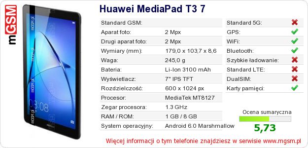 Dane telefonu Huawei MediaPad T3 7 Dane telefonu Huawei MediaPad T3 7
