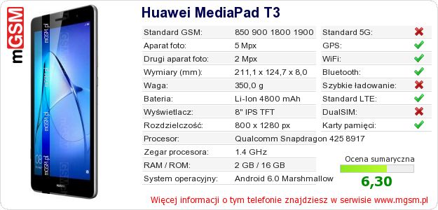 Dane telefonu Huawei MediaPad T3 Dane telefonu Huawei MediaPad T3