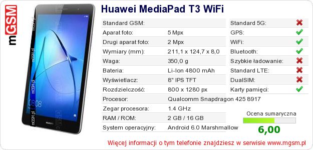 Dane telefonu Huawei MediaPad T3 WiFi Dane telefonu Huawei MediaPad T3 WiFi