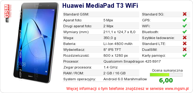 Dane telefonu Huawei MediaPad T3 WiFi