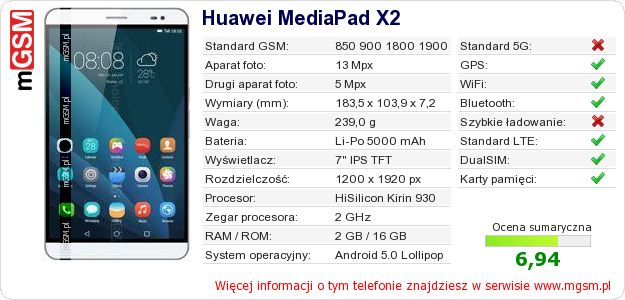 Dane telefonu Huawei MediaPad X2 Dane telefonu Huawei MediaPad X2