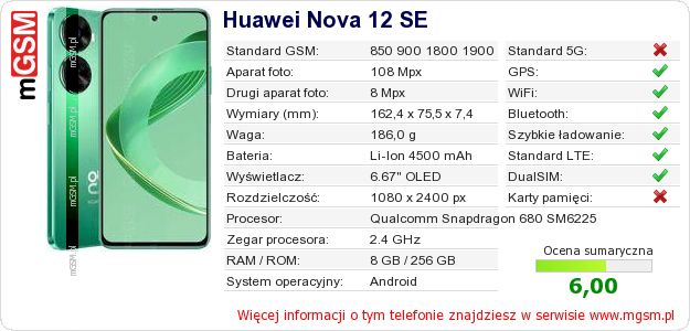 Dane telefonu Huawei Nova 12 SE Dane telefonu Huawei Nova 12 SE
