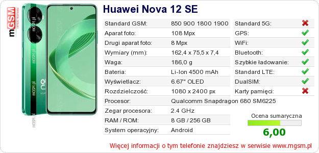Dane telefonu Huawei Nova 12 SE