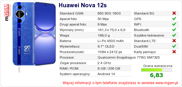 Dane telefonu Huawei Nova 12s