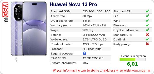 Dane telefonu Huawei Nova 13 Pro Dane telefonu Huawei Nova 13 Pro