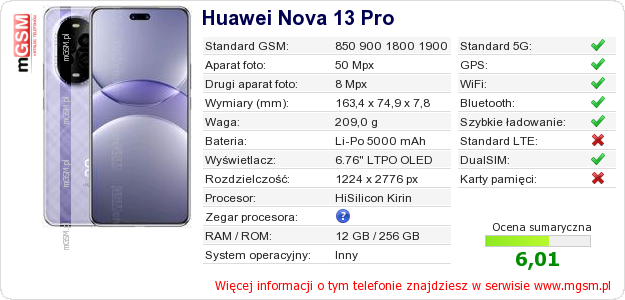 Dane telefonu Huawei Nova 13 Pro