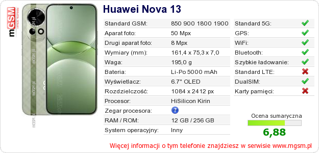 Dane telefonu Huawei Nova 13