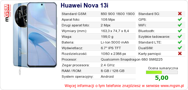 Dane telefonu Huawei Nova 13i