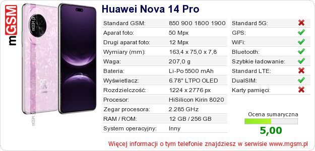 Dane telefonu Huawei Nova 14 Pro Dane telefonu Huawei Nova 14 Pro
