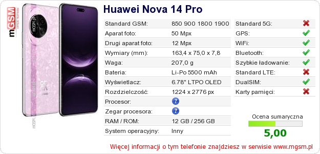 Dane telefonu Huawei Nova 14 Pro