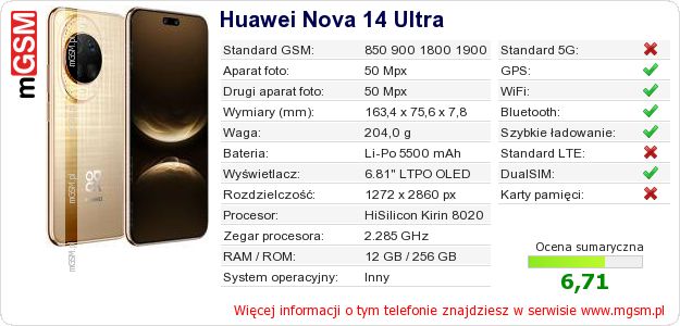 Dane telefonu Huawei Nova 14 Ultra
