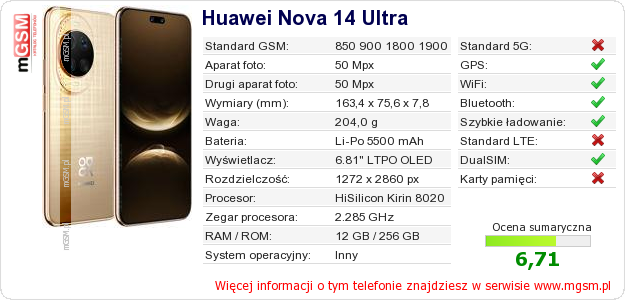 Dane telefonu Huawei Nova 14 Ultra
