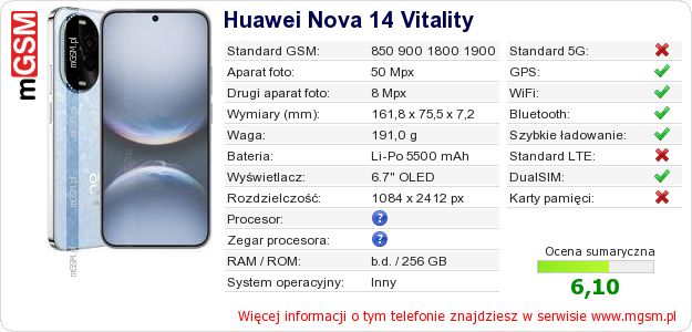Dane telefonu Huawei Nova 14 Vitality