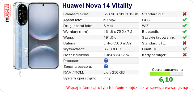 Dane telefonu Huawei Nova 14 Vitality