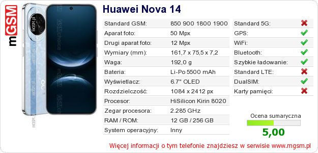 Dane telefonu Huawei Nova 14