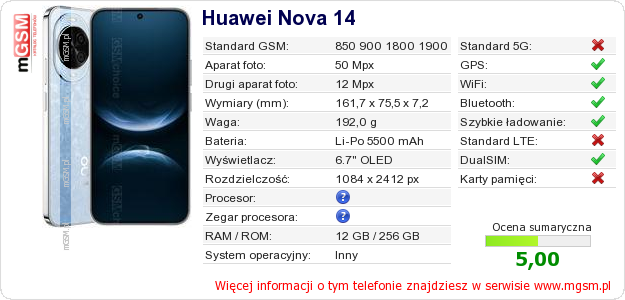 Dane telefonu Huawei Nova 14