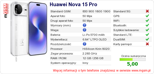 Dane telefonu Huawei Nova 15 Pro Dane telefonu Huawei Nova 15 Pro