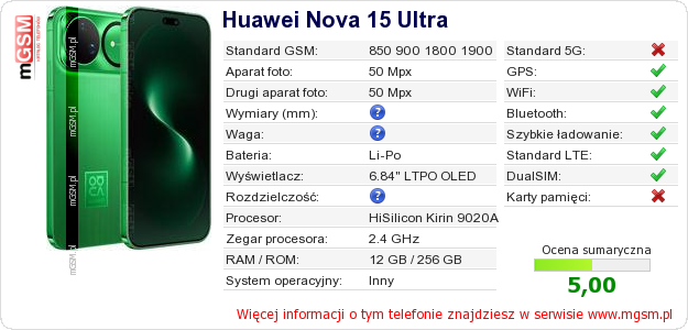 Dane telefonu Huawei Nova 15 Ultra Dane telefonu Huawei Nova 15 Ultra