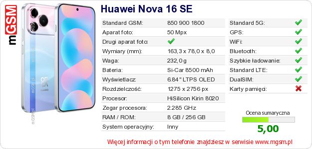 Dane telefonu Huawei Nova 16 SE Dane telefonu Huawei Nova 16 SE