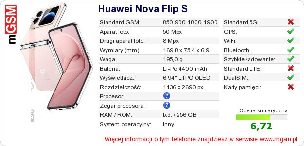 Dane telefonu Huawei Nova Flip S