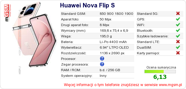 Dane telefonu Huawei Nova Flip S Dane telefonu Huawei Nova Flip S