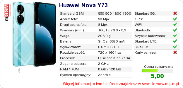 Dane telefonu Huawei Nova Y73 Dane telefonu Huawei Nova Y73