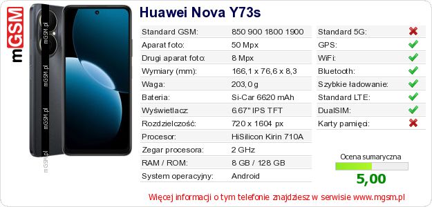 Dane telefonu Huawei Nova Y73s Dane telefonu Huawei Nova Y73s