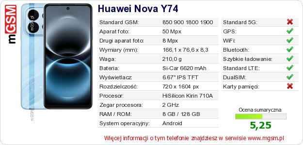 Dane telefonu Huawei Nova Y74