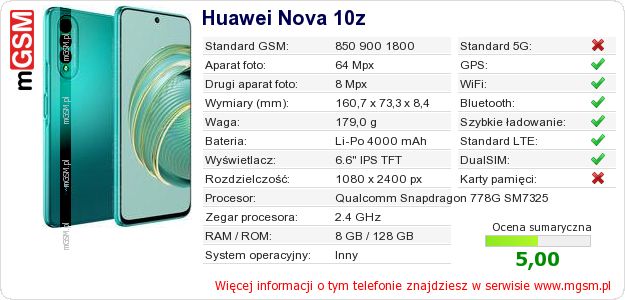 Dane telefonu Huawei Nova 10z
