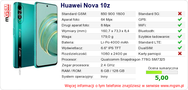 Dane telefonu Huawei Nova 10z