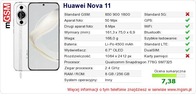 Dane telefonu Huawei Nova 11