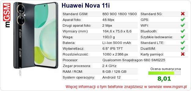 Dane telefonu Huawei Nova 11i