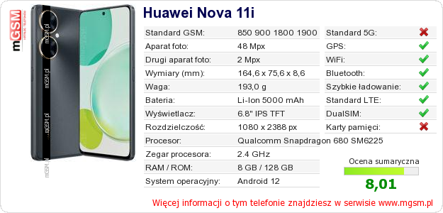 Dane telefonu Huawei Nova 11i