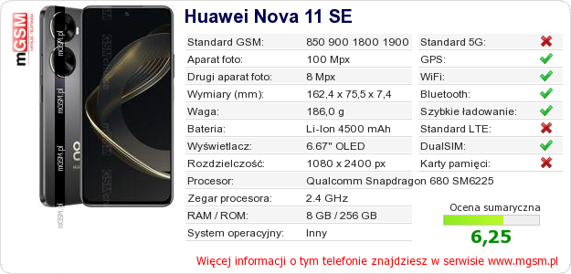 Dane telefonu Huawei Nova 11 SE Dane telefonu Huawei Nova 11 SE