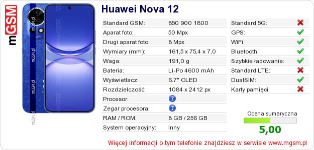 Dane telefonu Huawei Nova 12