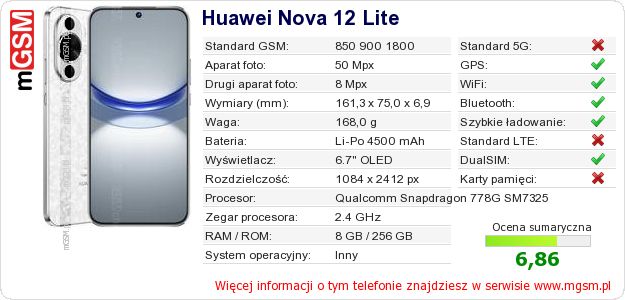 Dane telefonu Huawei Nova 12 Lite Dane telefonu Huawei Nova 12 Lite