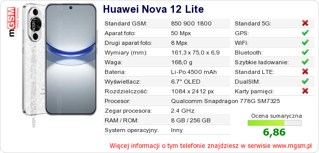 Dane telefonu Huawei Nova 12 Lite