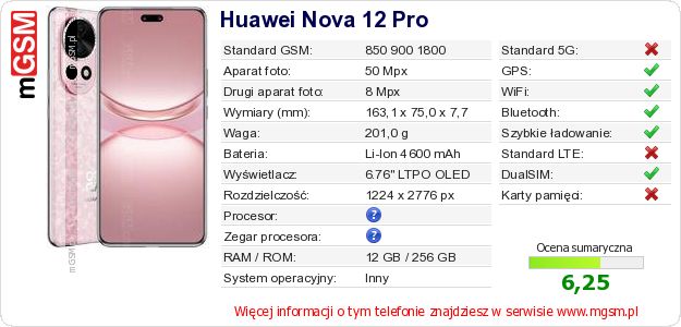 Dane telefonu Huawei Nova 12 Pro