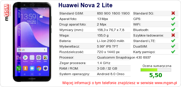 Dane telefonu Huawei Nova 2 Lite Dane telefonu Huawei Nova 2 Lite