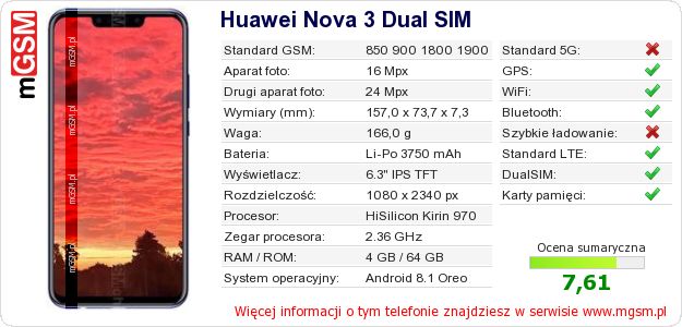 Dane telefonu Huawei Nova 3 Dual SIM