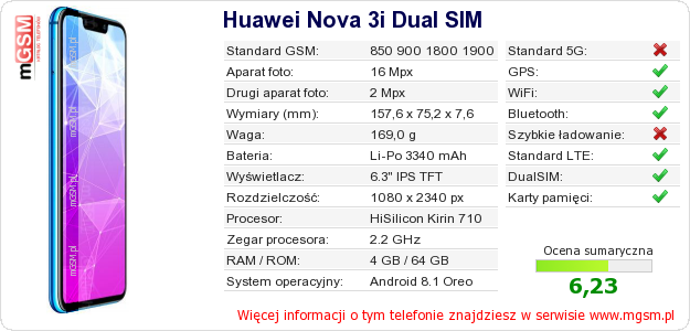 Dane telefonu Huawei Nova 3i Dual SIM Dane telefonu Huawei Nova 3i Dual SIM