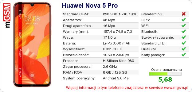 Dane telefonu Huawei Nova 5 Pro Dane telefonu Huawei Nova 5 Pro