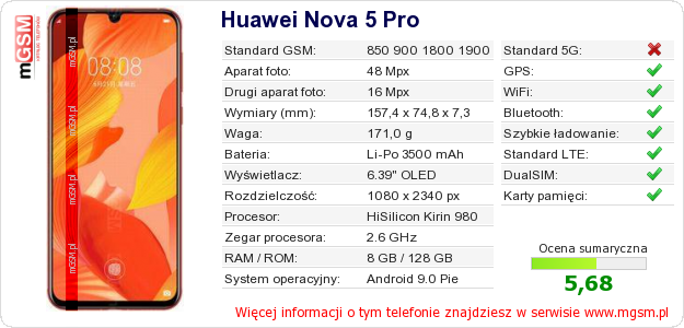 Dane telefonu Huawei Nova 5 Pro